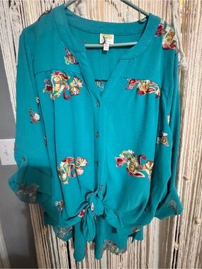 Teal Embroidered Tie-Front Women's Top